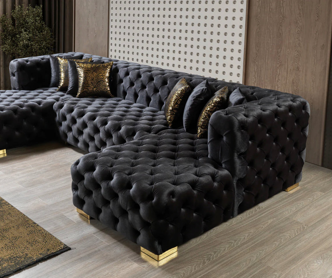 Nora double chaise velvet sectional BLACK Uh Moderate SALE