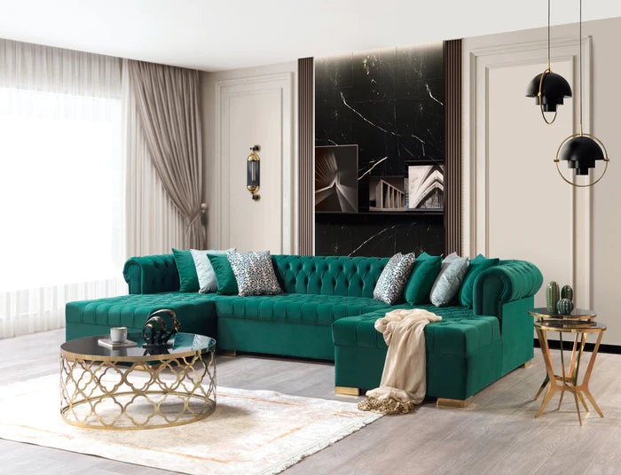 Dera Black Velvet Double Chaisse Sectional 4 Colors Available