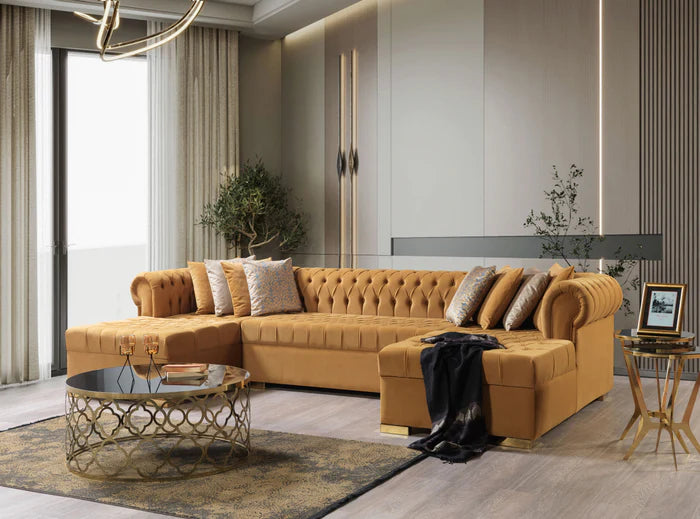 Dera Black Velvet Double Chaisse Sectional 4 Colors Available