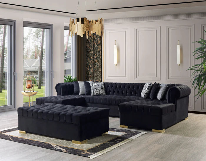 Dera Black Velvet Double Chaisse Sectional 4 Colors Available