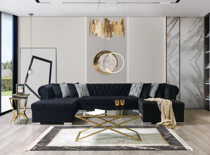 Dera Black Velvet Double Chaisse Sectional 4 Colors Available
