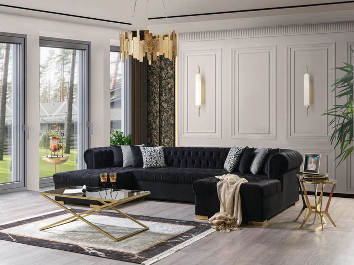 Dera Black Velvet Double Chaisse Sectional 4 Colors Available