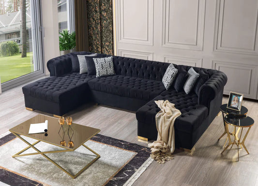 Dera Black Velvet Double Chaisse Sectional 4 Colors Available